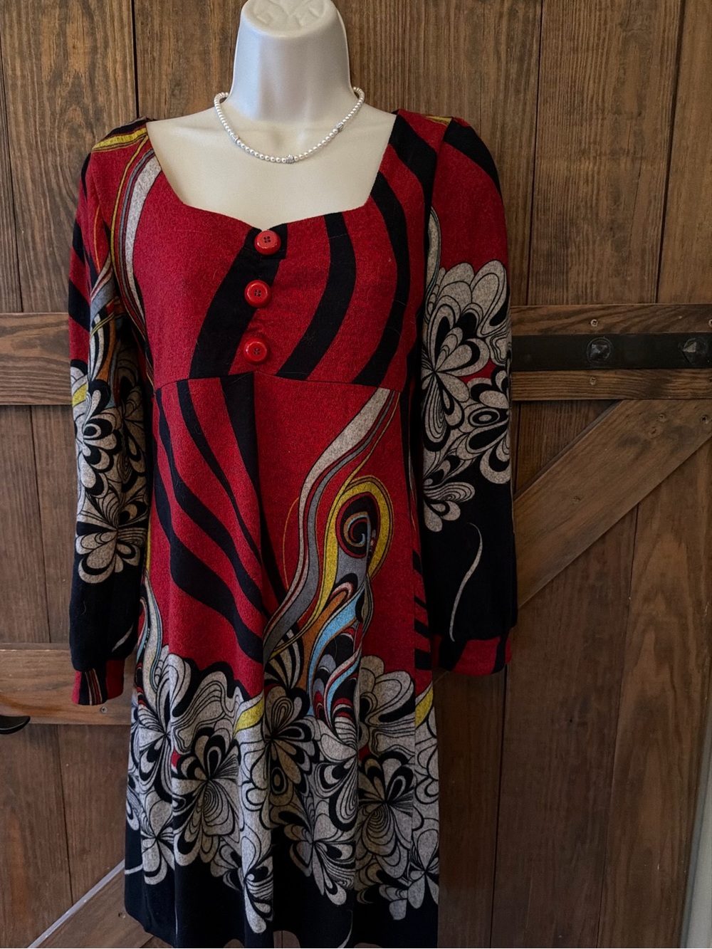 Aryeh Red Black Abstract Floral Knit Dress Small Long Sleeve Retro Boho